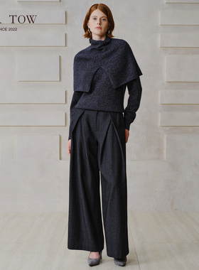 【设计师联名款】VER TOW灰黑色马鞍肩花纱羊绒围脖套衫阔腿裤 女