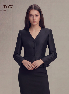VER TOW黑色桑蚕丝羊毛收腰无领短款小西装 26春新品干练风职场
