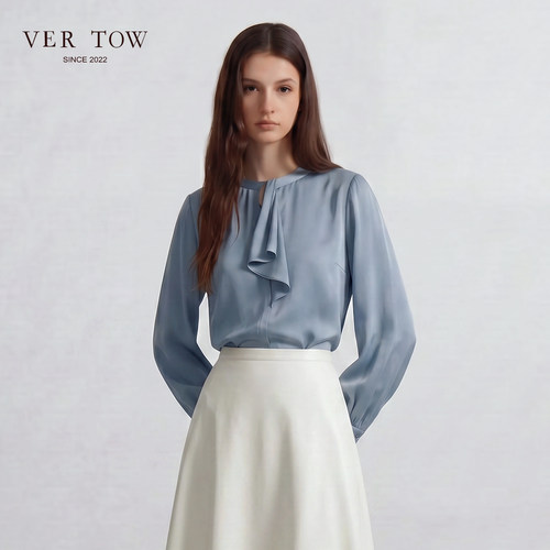 VERTOW蓝色桑蚕丝圆领飘带衬衫