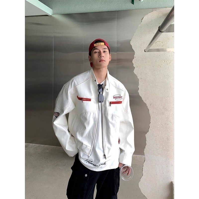 美式白色立领pu皮衣外套男女春秋款2024新款国潮机车服工装开衫