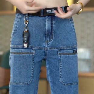 潮流六兜新品男士牛仔裤春秋季男款多口袋直筒长裤弹力宽松男裤子