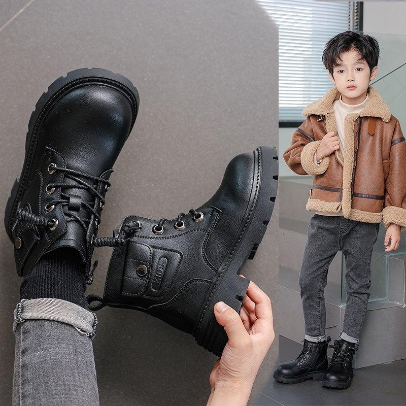 男童马丁靴2024秋冬季新款儿童小黄靴子真皮短靴小孩鞋子加绒童鞋