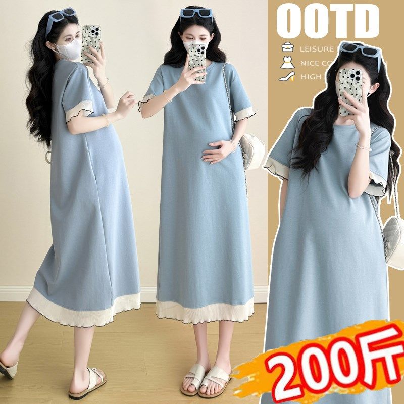 大码孕妇连衣裙夏季2025新款洋气减龄轻薄透气拼接t恤裙宽松200斤