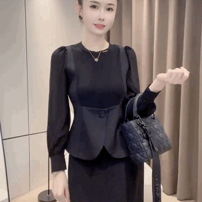 修身假两件打底衫法式网红设计感长袖T恤女灯笼袖圆领黑色上衣