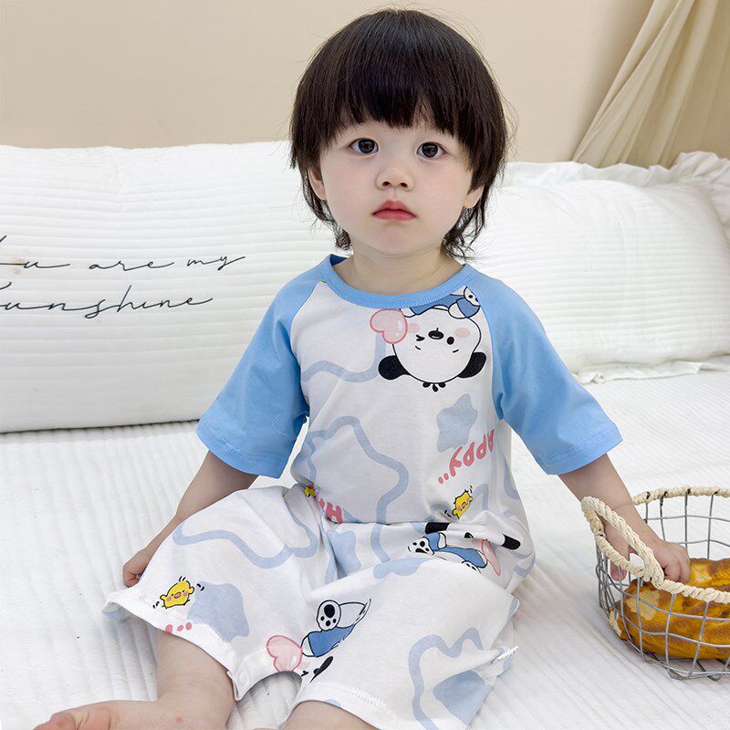 婴儿睡袋夏季儿童短袖防踢被纯棉薄款男童女宝宝套头连体睡衣卡通