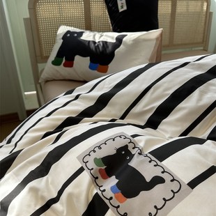 穿靴子 猫煤球喵喵黑条纹纯棉床上四件套全棉1.5m1.8米被套床单