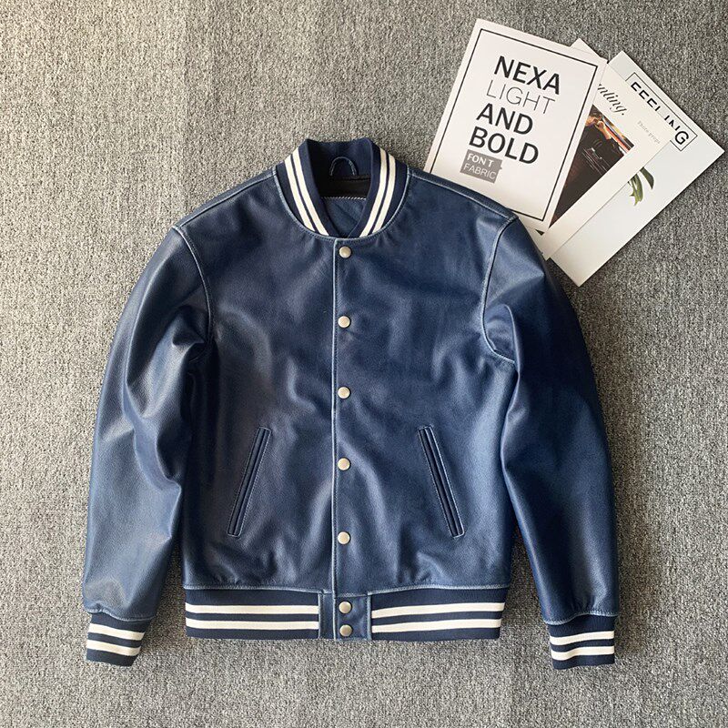 春秋新款皮衣头层牛皮棒球服蓝染做旧牛皮真皮外套男士茶芯皮夹克