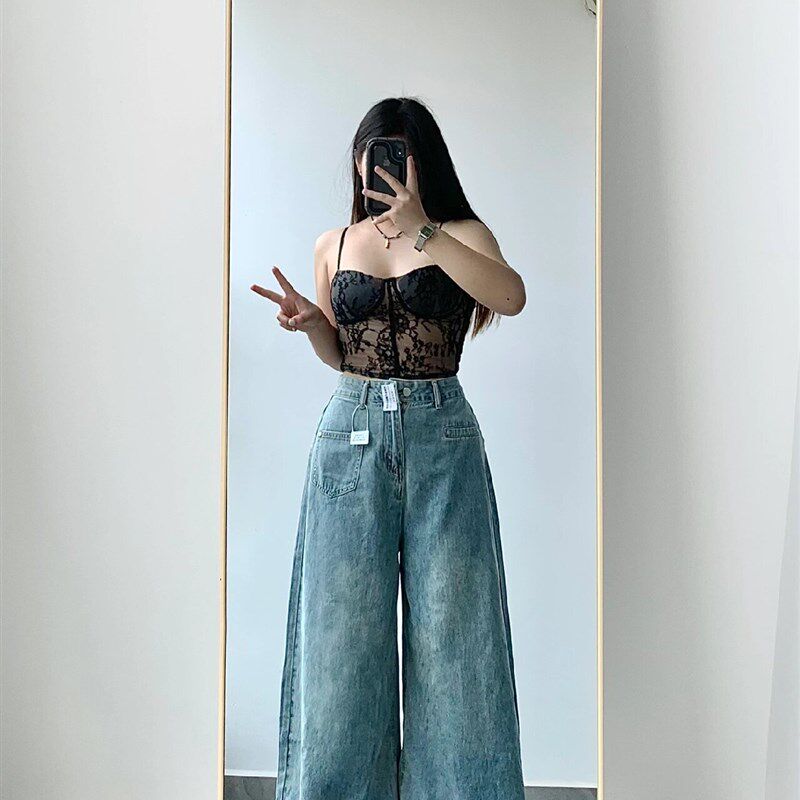 300斤加肥加大胖mm高腰流苏毛边牛仔裤大码女装宽松梨形阔腿长裤