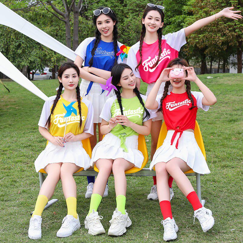糖果色学生团体运动会毕业照啦啦操表演服装成人拉拉队演出服男女