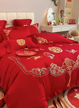 中式刺绣结婚四件套大红色婚房被套纯棉全棉高档婚庆床上用品六件