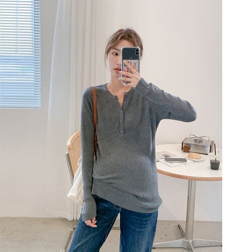 孕妇春装弹力修身灰色长袖t恤毛衣V领扣子可哺乳口针织内搭打底衫