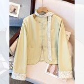 高级感蕾丝拼接飘带pu皮衣圆领外套女2025春秋季 新短款 单排扣上衣