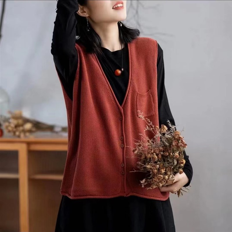 11060纯色V领单排扣棉线针织马夹女叠穿宽松显瘦背心休闲百搭马甲