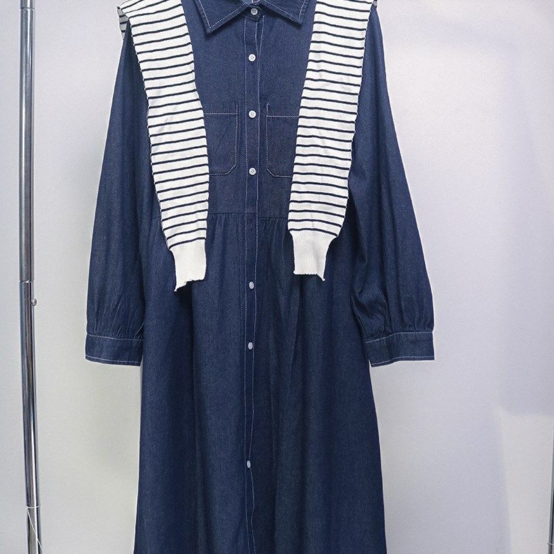 秋款孕妇牛仔裙连衣裙翻领长袖休闲清新显瘦长款带披肩孕妇衬衫裙