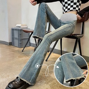 子春季 孕期拖地裤 新款 弹力百搭显瘦毛边长裤 外穿微喇牛仔裤 孕妇裤