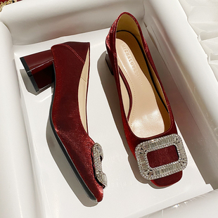 新款 红色方扣水晶高跟鞋 女百搭粗跟方头绸缎单鞋 2023年秋季 工作鞋