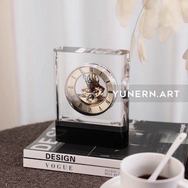 现代高端透明水晶座钟售楼处客厅卧室床头柜书房酒柜时钟装饰摆件