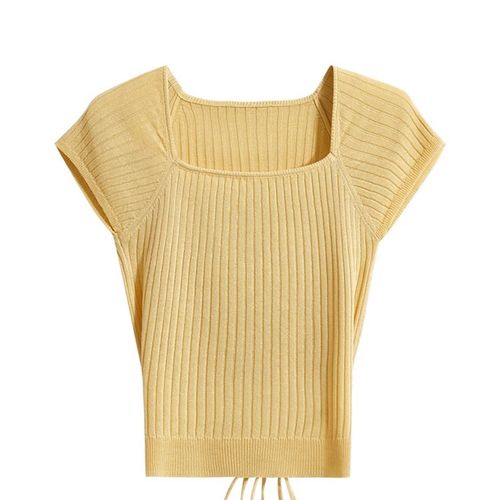 方领露锁骨冰丝针织短袖t恤女夏季新款修身收腰体恤衫薄款上衣