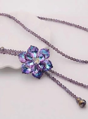 时尚百搭爆款紫色水晶项链炫彩花朵毛衣链女长款优雅气质衣服配饰