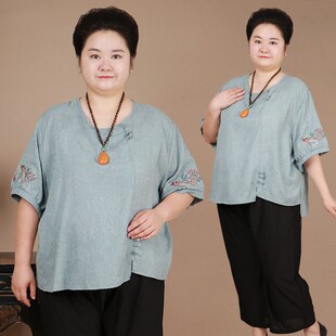 胖奶奶棉麻T恤衫 2024新款 妈妈透气上衣服女中老年加大码 套装 夏装