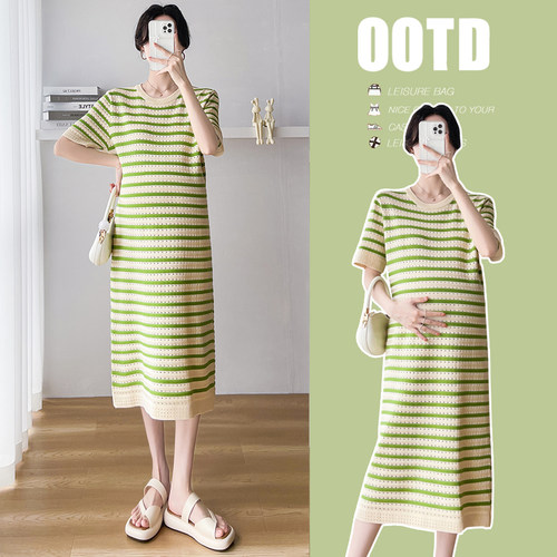 孕妇装夏装时尚镂空设计感冰凉针织长裙时尚外出哺乳裙孕妇连衣裙