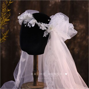 新款仙美蕾丝珍珠花朵花环蓬蓬头纱新娘婚纱头饰影楼外景拍照配饰