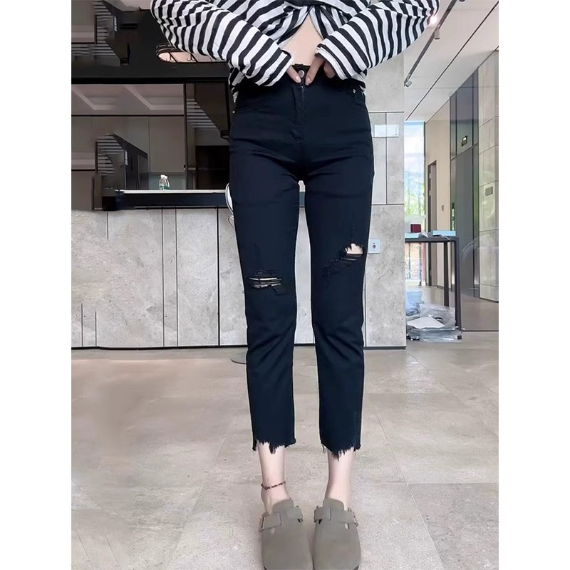 春夏新款黑色破洞铅牛仔裤女大码胖妹妹mm梨型身材弹力显瘦直筒裤