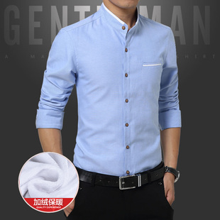 小立领衬衫男长袖秋冬季加绒加厚圆领大尺码无领中山装中国风衬衫