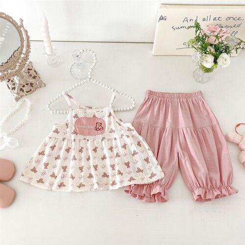 25女童衣服夏装吊带上衣灯笼裤分体两件套宝宝夏日衣服薄款外出服