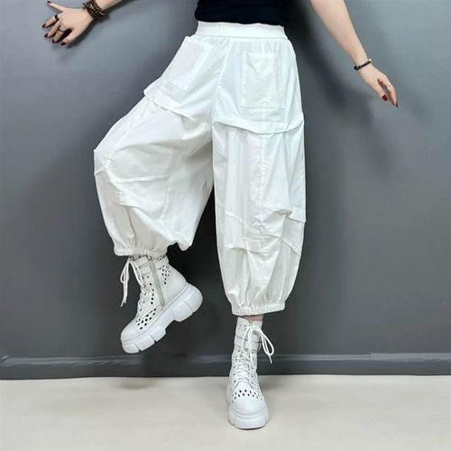 2025大码夏季新款个性口袋八分阔腿裤褶皱时尚减龄百搭休闲灯笼裤