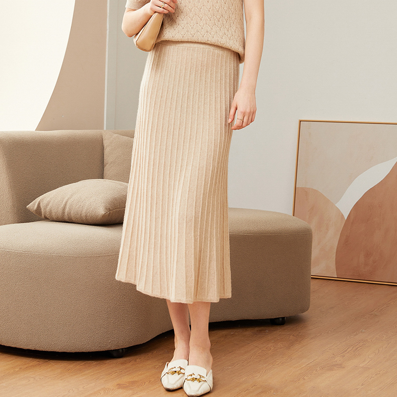 秋冬中长款过膝高腰半身裙女100纯山羊绒百褶裙A字针织大摆伞裙子