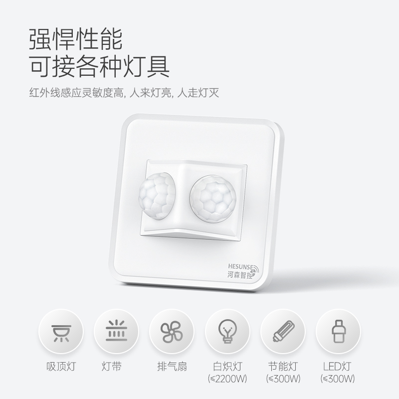 86型双探头人体红外感应开关面板220V车库楼梯过道光控延时传感器