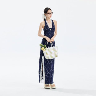 iNSLiiSA 碎花挂颈洋装女2025夏季新款度假风收腰A字小个子长裙