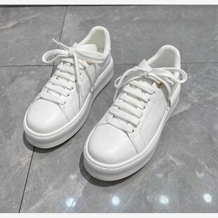 欧洲站2023秋季新款真皮厚底最容易匹配提高圆头白鞋