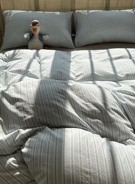 日式简约水洗棉蓝色条纹四件套1.5m1.8米公寓全棉被套三件套