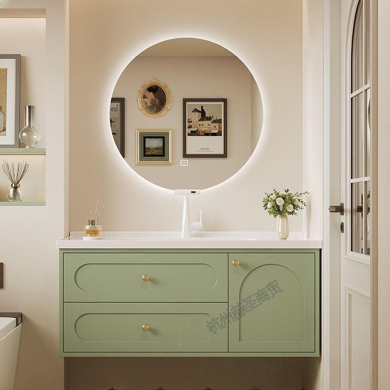 法式田园风橡木岩无板缝盆浴室柜组法式田园合简约卫手生洗漱台洗