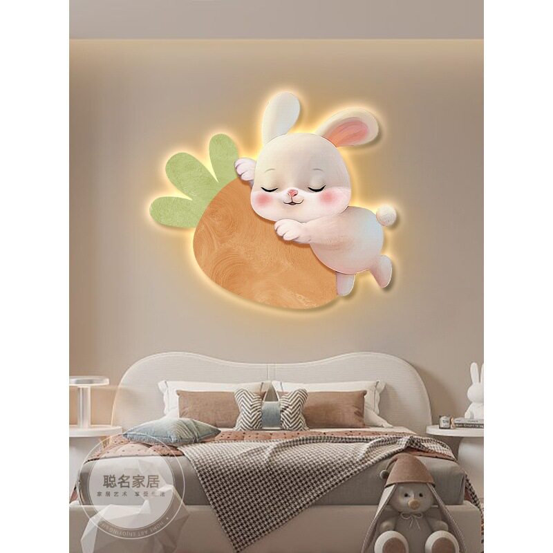 玉兔儿童房装饰画创意发光灯画卡通萌宠男孩女孩房间卧室床头挂画