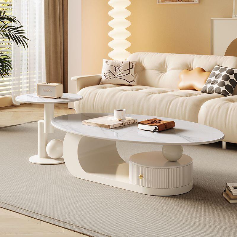 奶油风岩板ELO椭圆茶形几客厅铁艺几小套户型新款网红茶茶桌边几