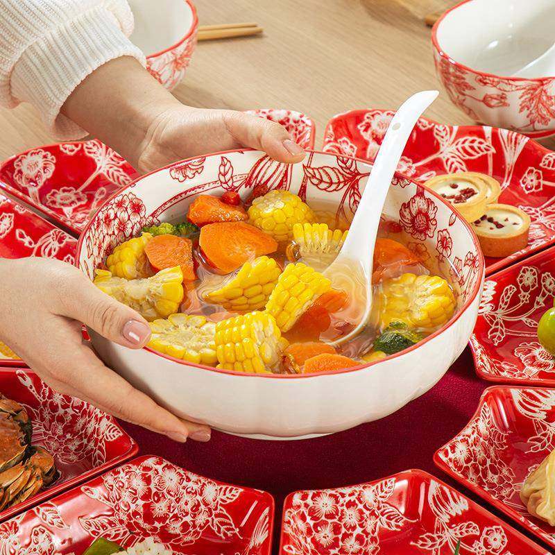 新中式年用夜饭家庭拼盘餐具组碗合套装家团过年圆圆桌陶瓷Z1204,餐饮具,餐具瓷器套装,淘宝优惠券,粉丝福利购,淘宝优惠卷