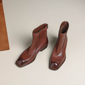 水洗马皮短靴加绒保暖方头切尔西靴瘦瘦靴短筒百搭低跟休闲鞋 1948