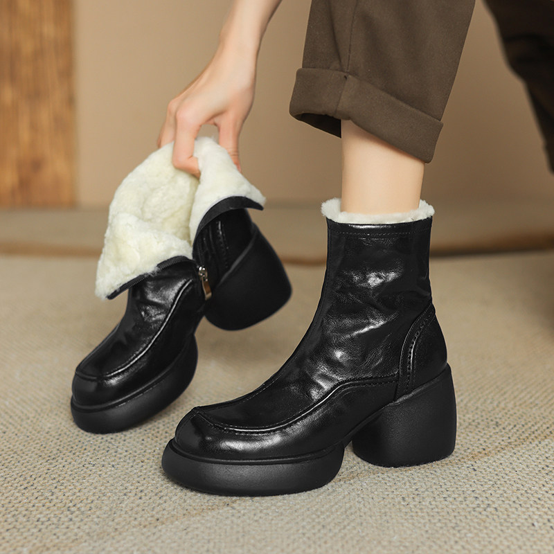 羊毛保暖弹力靴厚底增高女靴子短靴加绒搭配裙子大衣2025冬季新款