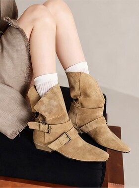 2025秋冬两穿短靴加绒皮带扣绒面短款方头低跟短筒靴堆堆靴西部靴