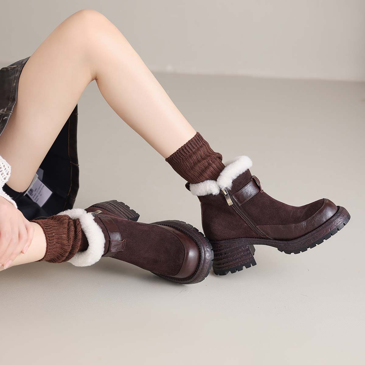 羊皮短靴厚底增高女靴短筒雪地靴保暖加绒加厚靴子北方防寒2036
