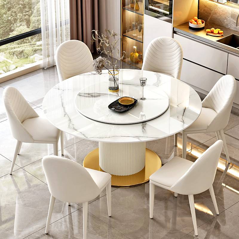 意式奶油风岩板餐桌转盘亮光加厚岩板餐桌椅大小户型家用吃饭圆桌