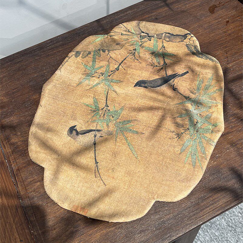 惊蛰 香云纱暗花竹禽图长款海棠防水茶席 中式禅意桌旗桌布布艺