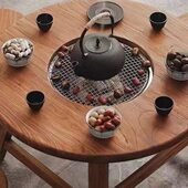 老榆木围炉煮茶桌实木小圆桌复古阳台围炉茶桌户外围炉火锅烧烤桌