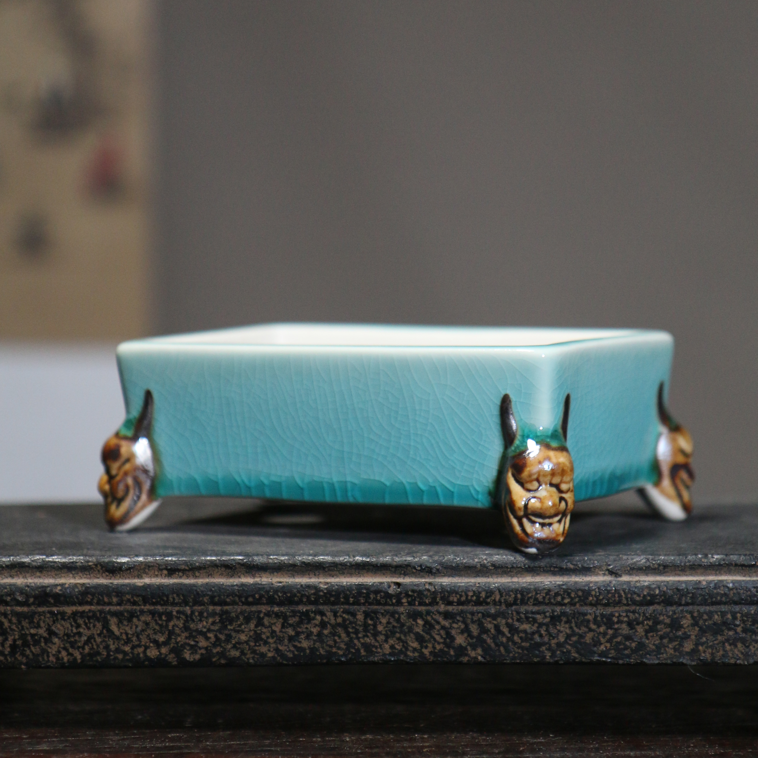 紫砂花盆日式鬼足鬼面夜叉陶瓷B盆景马槽盆桌面长方形觅陶乡小盆