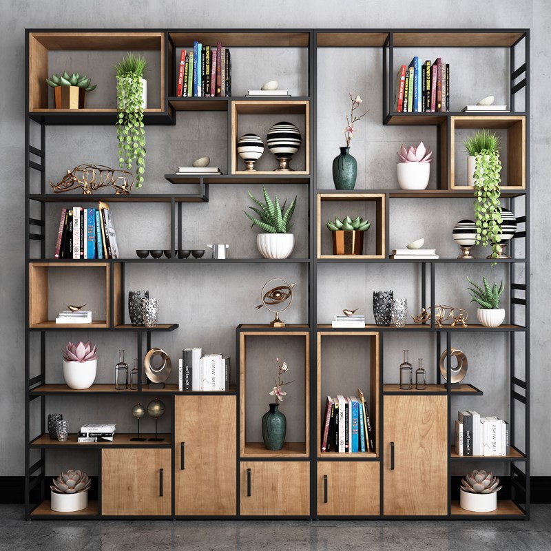 铁艺实木书架落地置物架展示架隔断书房工业风办公X室收纳架书柜