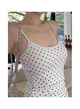 热辣欧美上衣辣妹黑色波点小吊带背心女内搭夏季假两件蕾丝修身