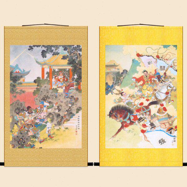 青梅煮酒论英雄人物画 虎牢关三英战吕布 三国装饰画绢布卷轴挂画